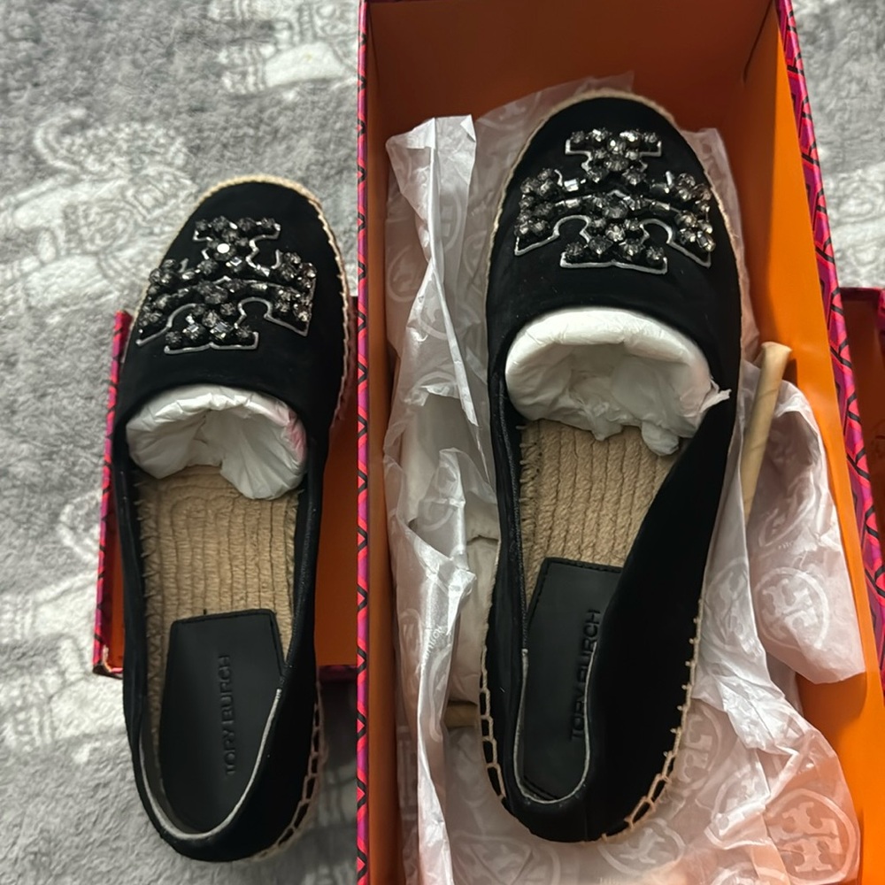 Tory Burch embellished espadrille. US size 7.5 . Black suede.